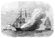 Burning of the Omar Pacha, Australian ship, homeward bound, 1869. Creator: Unknown