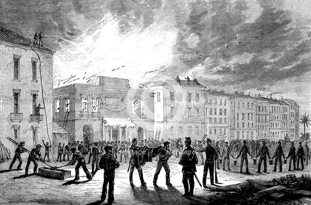 Burning of the Municipal Theatre at Nice: the fire viewed from the Rue St. Francis de Paul, 1881.  Creator: Unknown.