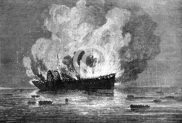 Burning of the Pacific Mail Company's ship America, at Yokohama, 1872. Creator: Unknown.