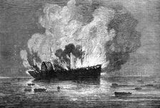 Burning of the Pacific Mail Company's ship America, at Yokohama, 1872. Creator: Unknown