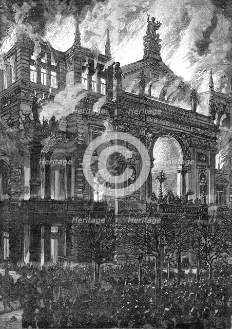 Burning of the Ring Theatre at Vienna drawn by J. Schonberg from a sketch by Mangold of Vienna, 1881 Creator: Unknown.