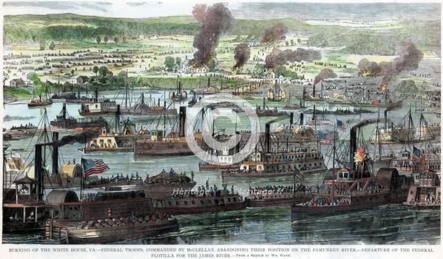 Burning of the White House, Virginia, American Civil War, 26 June 1862. Artist: Unknown