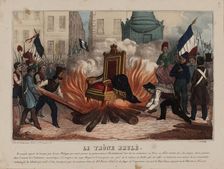 Burning of the throne of the King Louis Philippe on February 25, 1848..., ca 1848. Creator: Anonymous