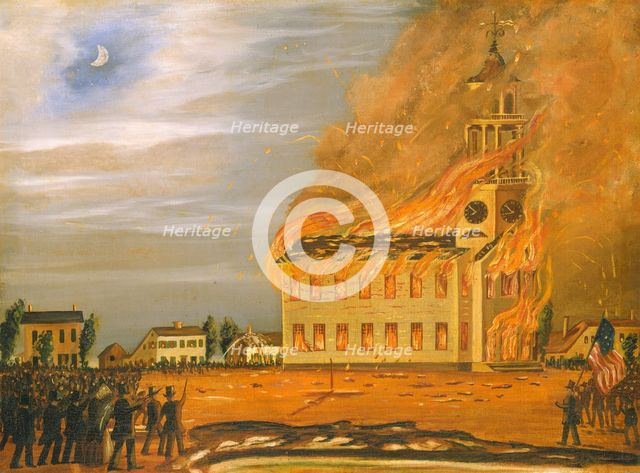 Burning of Old South Church, Bath, Maine, c. 1854. Creator: John Hilling.