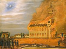 Burning of Old South Church, Bath, Maine, c. 1854. Creator: John Hilling