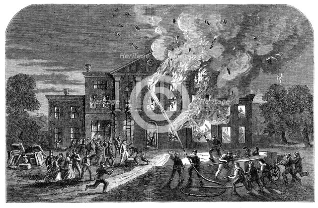 Burning of Pengwern Hall, near St. Asaph, the seat of Lord Mostyn, 1864. Creator: Unknown.