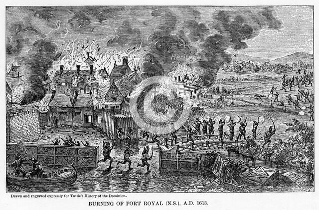 'Burning of Port Royal (Nova Scotia), AD 1613', (1877). Artist: Unknown