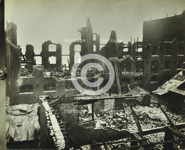 Burnt-out building, Concordia Wharf, Poplar, London, 1924. Artist: Unknown.