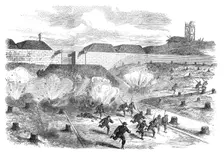 Bursting of Prussian shells within the Porte d'Auteuil, Paris, (sketch by balloon post), 1871. Creator: Unknown