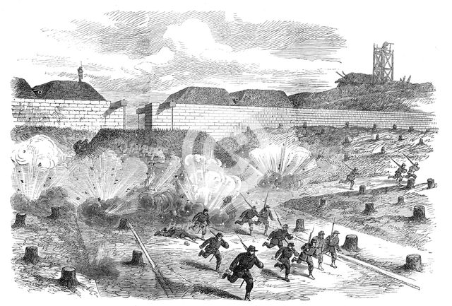 Bursting of Prussian shells within the Porte d'Auteuil, Paris, (sketch by balloon post), 1871. Creator: Unknown.