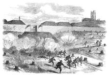 Bursting of Prussian shells within the Porte d'Auteuil, Paris, (sketch by balloon post), 1871. Creator: Unknown