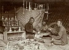Buryat mechanics making "burkhanov" - Buryat goods, 1895-1939. Creator: L Veniukov