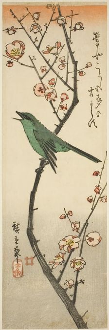 Bush warbler and plum, 1840s. Creator: Ando Hiroshige