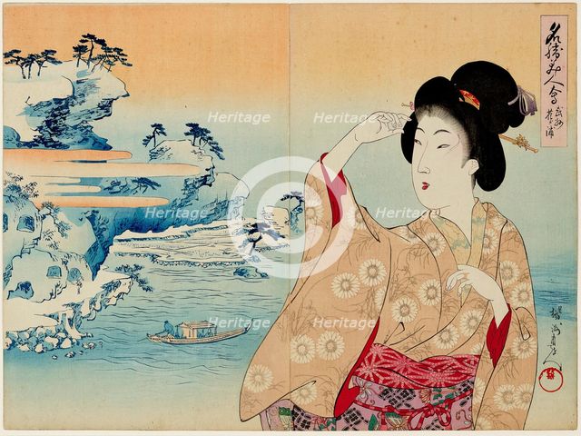 Bushu, Hanagaura, from the series Comparison of Famous Places and Beauties, 1898. Creator: Chikanobu, Toyohara (Yoshu) (1838-1912).