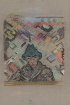 Bust man in a hat with a decorative background, around 1937. Creator: Arnold Peter Weisz-Kubincan