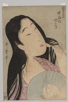 Bust of Woman with Loose Hair Holding Fan, 1753-1806. Creator: Kitagawa Utamaro (Japanese, 1753?-1806)