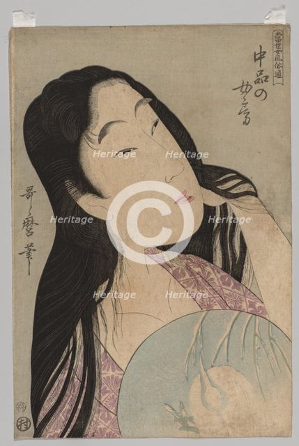 Bust of Woman with Loose Hair Holding Fan, 1753-1806. Creator: Kitagawa Utamaro (Japanese, 1753?-1806).