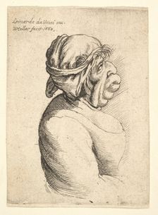 Bust of woman with protruding mouth wearing low-cut dress and cloth bound around her head..., 1660. Creator: Wenceslaus Hollar