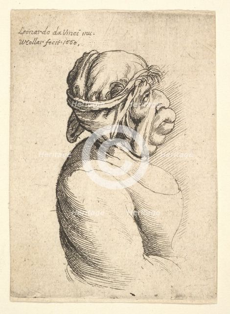 Bust of woman with protruding mouth wearing low-cut dress and cloth bound around her head..., 1660. Creator: Wenceslaus Hollar.