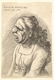 Bust of woman with wide-open mouth and long curly hair falling over her shoulders, wearing..., 1665. Creator: Wenceslaus Hollar