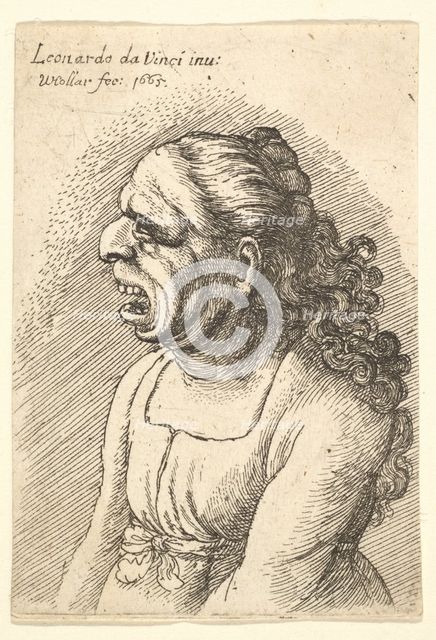 Bust of woman with wide-open mouth and long curly hair falling over her shoulders, wearing..., 1665. Creator: Wenceslaus Hollar.