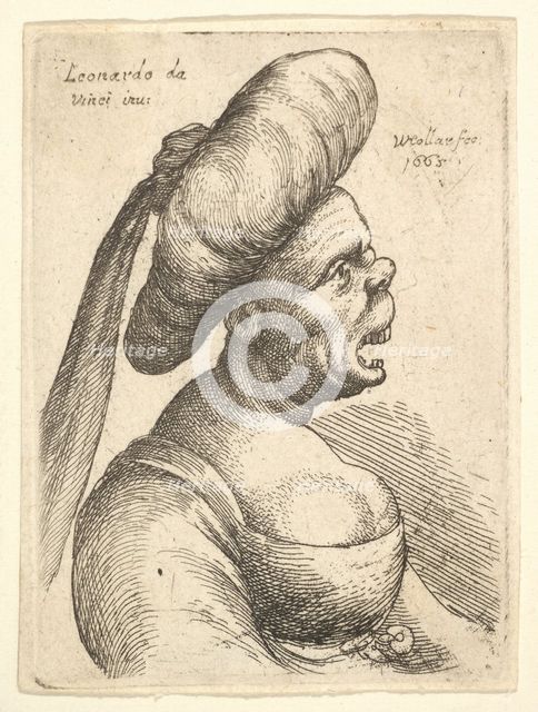 Bust of woman with wide open mouth and up-turned nose, wearing large flat turban with clot..., 1665. Creator: Wenceslaus Hollar.