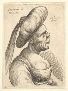 Bust of woman with wide open mouth and up-turned nose, wearing large flat turban with clot..., 1665. Creator: Wenceslaus Hollar