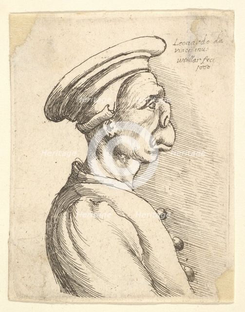 Bust of a man with a flat nose and protruding mouth, wearing flat cap and buttoned coat in..., 1660. Creator: Wenceslaus Hollar.