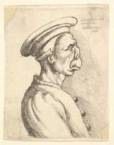 Bust of a man with a flat nose and protruding mouth, wearing flat cap and buttoned coat in..., 1660. Creator: Wenceslaus Hollar