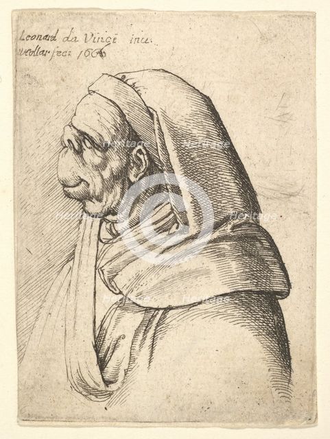 Bust of a man with a small turned-up nose and very high upper lip, wearing hood, in profil..., 1666. Creator: Wenceslaus Hollar.