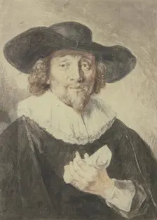 Bust of a man dressed in black, wearing a hat and holding a roll of paper, 1633. Creator: Jacob Adriaensz. Backer