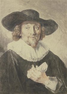 Bust of a man dressed in black, wearing a hat and holding a roll of paper, 1633. Creator: Jacob Adriaensz. Backer