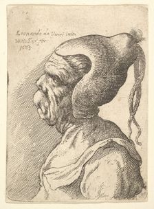 Bust of a deformed woman with conical hat and two dangling plaits in profile to left, 1665. Creator: Wenceslaus Hollar