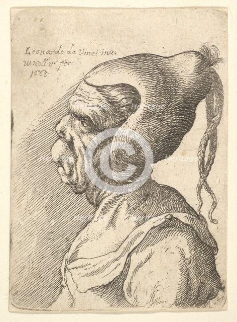 Bust of a deformed woman with conical hat and two dangling plaits in profile to left, 1665. Creator: Wenceslaus Hollar.