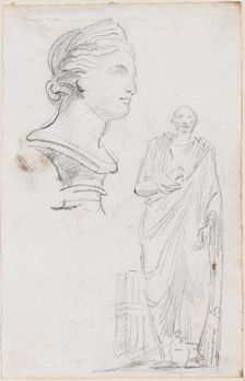 Bust of a Roman Woman and Statue of a Roman Man, probably c. 1754/1765. Creator: Hubert Robert