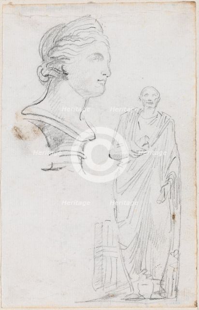 Bust of a Roman Woman and Statue of a Roman Man, probably c. 1754/1765. Creator: Hubert Robert.