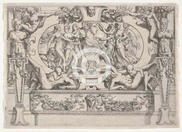 Bust of a woman flanked by three women on each side, set within an elaborate frame, ca. 1540-80. Creator: Battista del Moro.