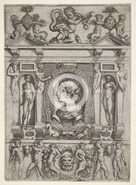 Bust of a woman in profile facing left, set in an elaborate frame with figures in n..., ca. 1540-80. Creator: Battista del Moro.
