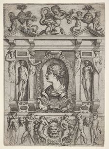 Bust of a woman in profile facing left, set in an elaborate frame with figures in n..., ca. 1540-80. Creator: Battista del Moro