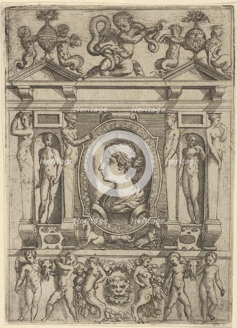 Bust of a woman in profile facing left, set in an elaborate frame with figures in n..., ca. 1540-80. Creator: Battista del Moro.