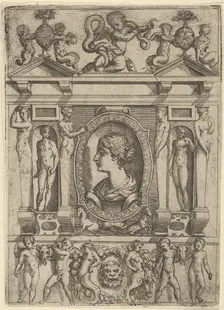 Bust of a woman in profile facing left, set in an elaborate frame with figures in n..., ca. 1540-80. Creator: Battista del Moro