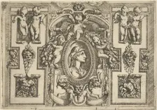 Bust of a woman in profile facing right, set within an elaborate frame with putti, ..., ca. 1540-80. Creator: Battista del Moro