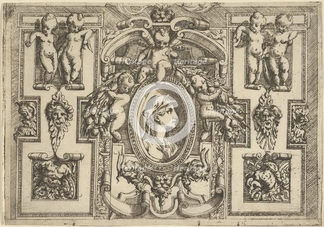 Bust of a woman in profile facing right, set within an elaborate frame with putti, ..., ca. 1540-80. Creator: Battista del Moro.