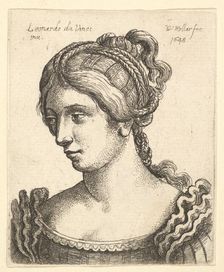 Bust of a woman looking downwards towards left with elaborately decorated hair, 1648. Creator: Wenceslaus Hollar