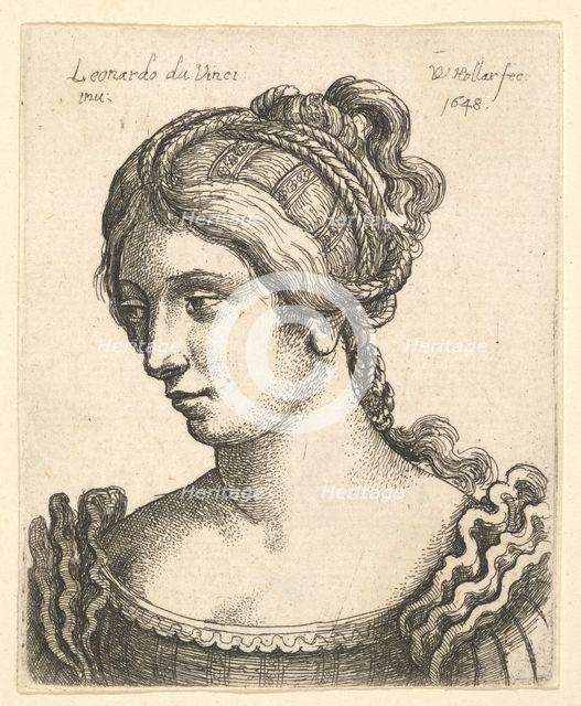 Bust of a woman looking downwards towards left with elaborately decorated hair, 1648. Creator: Wenceslaus Hollar.