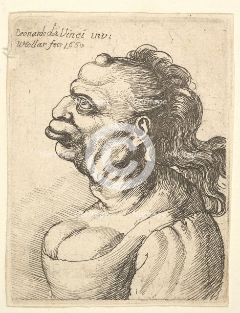 Bust of a woman wearing low-cut dress, with protruding lipd, growth on her forehead, promi..., 1660. Creator: Wenceslaus Hollar.