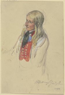 Bust of a young blonde peasant woman in a red vest and white skirt, 1842. Creator: Jakob Dielmann