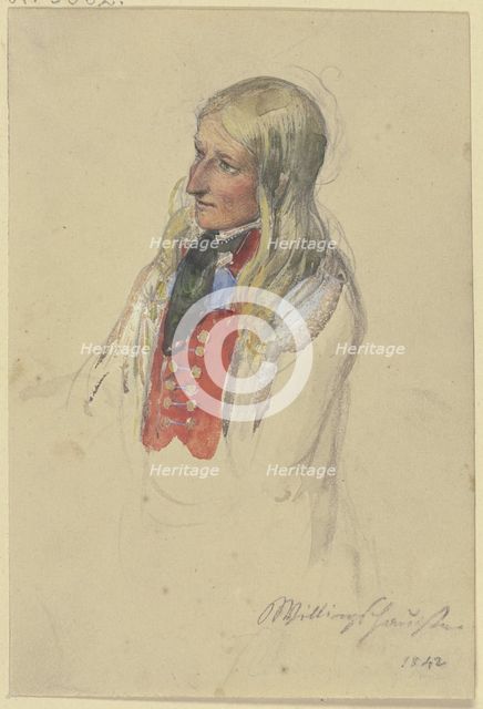 Bust of a young blonde peasant woman in a red vest and white skirt, 1842. Creator: Jakob Dielmann.