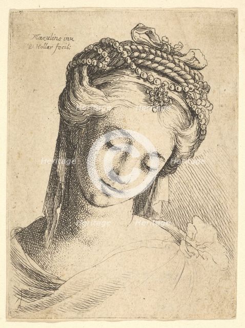 Bust of a young woman with elaborate headdress, looking down., 1625-77. Creator: Wenceslaus Hollar.