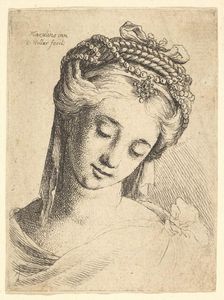 Bust of a young woman with elaborate headdress, looking down., 1625-77. Creator: Wenceslaus Hollar